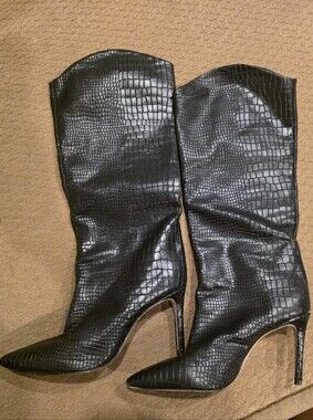 SCHUTZ Black Croc-Embossed Pointed-Toe Stiletto Knee Boots